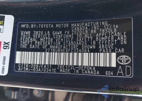 2015 Toyota Corolla L from USA, damaged, VIN 2T1BURHE6FC334064